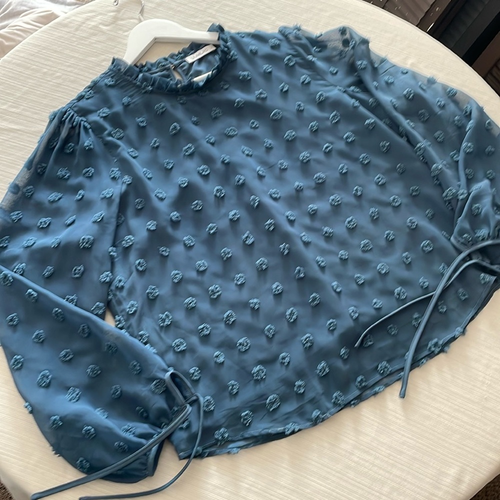 Liumilac XL blue gray long sleeve top. Button closure on back